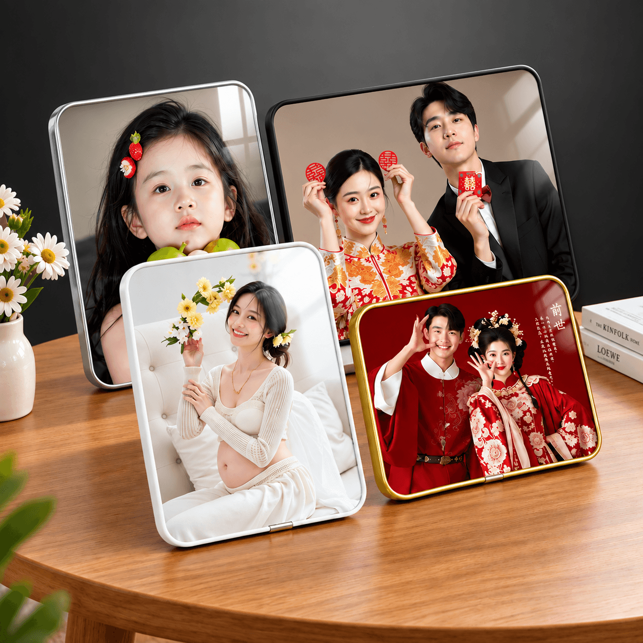 Classic bordered photo frames arranged on a wooden table