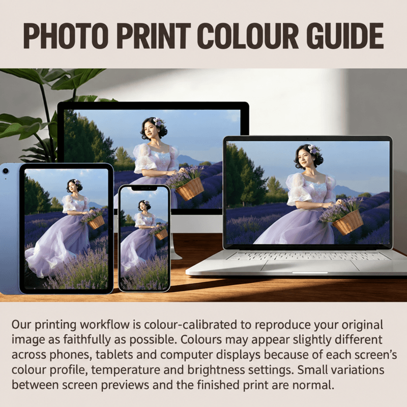 Print colour guidance showing the same photo on several devices