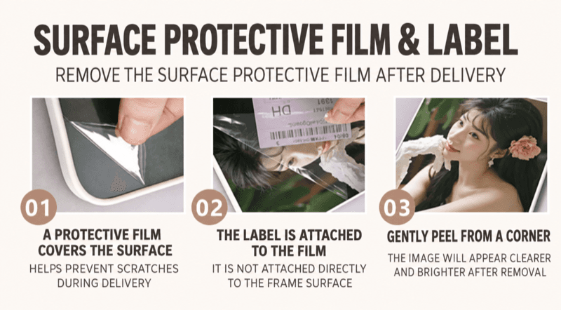 Instructions for removing the surface protective film from a photo panel