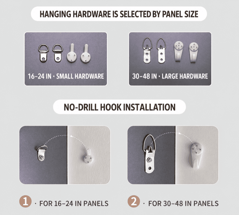 Hanging hardware options and no-drill hook installation guide