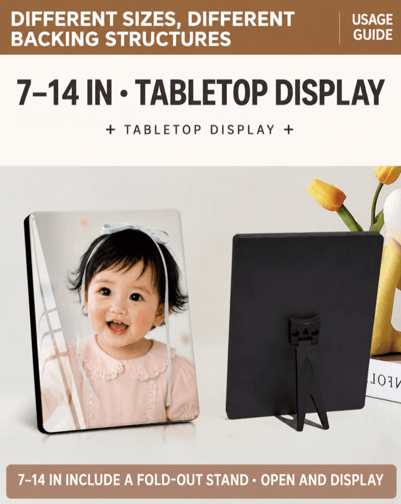 Tabletop photo panel with its fold-out support stand