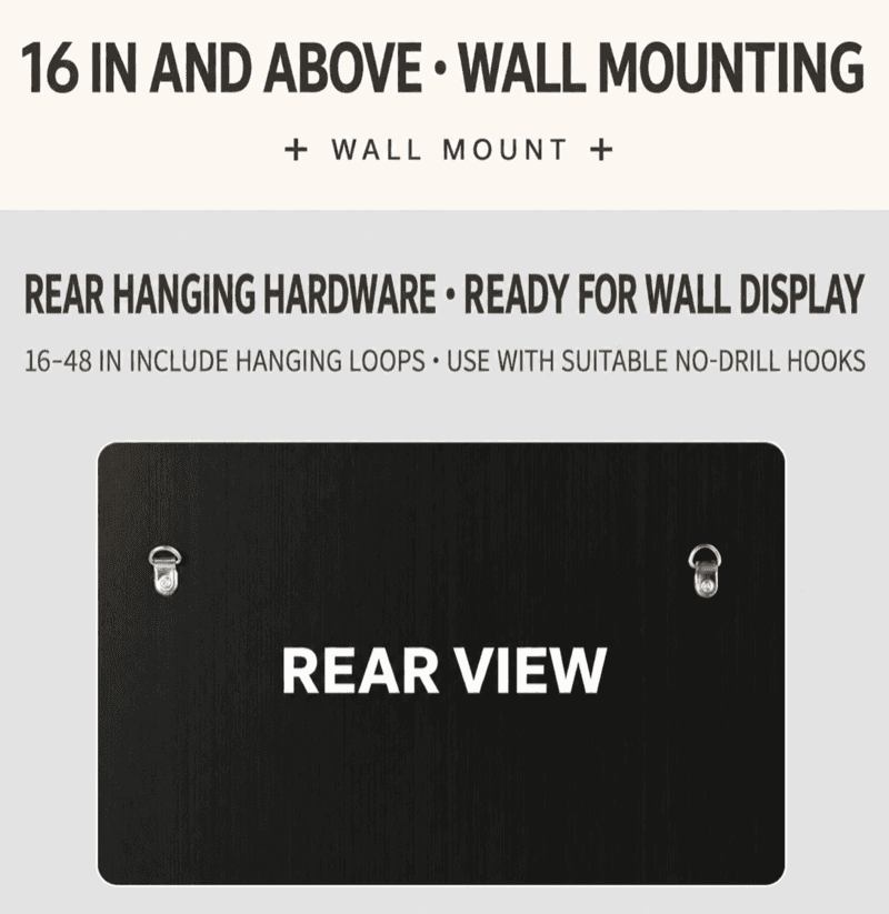 Rear hanging hardware on a wall-mount photo panel