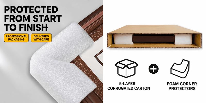 Gallery wooden frame protected with foam corner protectors in a five-layer corrugated carton