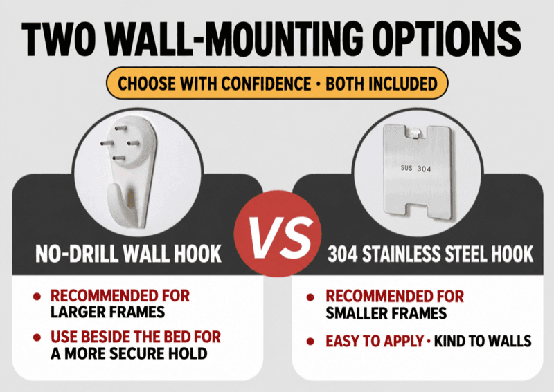 No-drill and stainless steel wall mounting options for gallery wooden frames